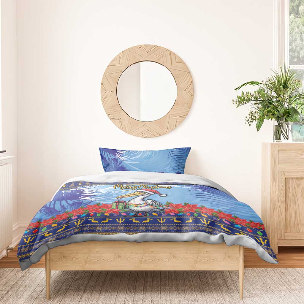 Dark blue Christmas bedding set with pelican and poinsettia flowers, decorative border