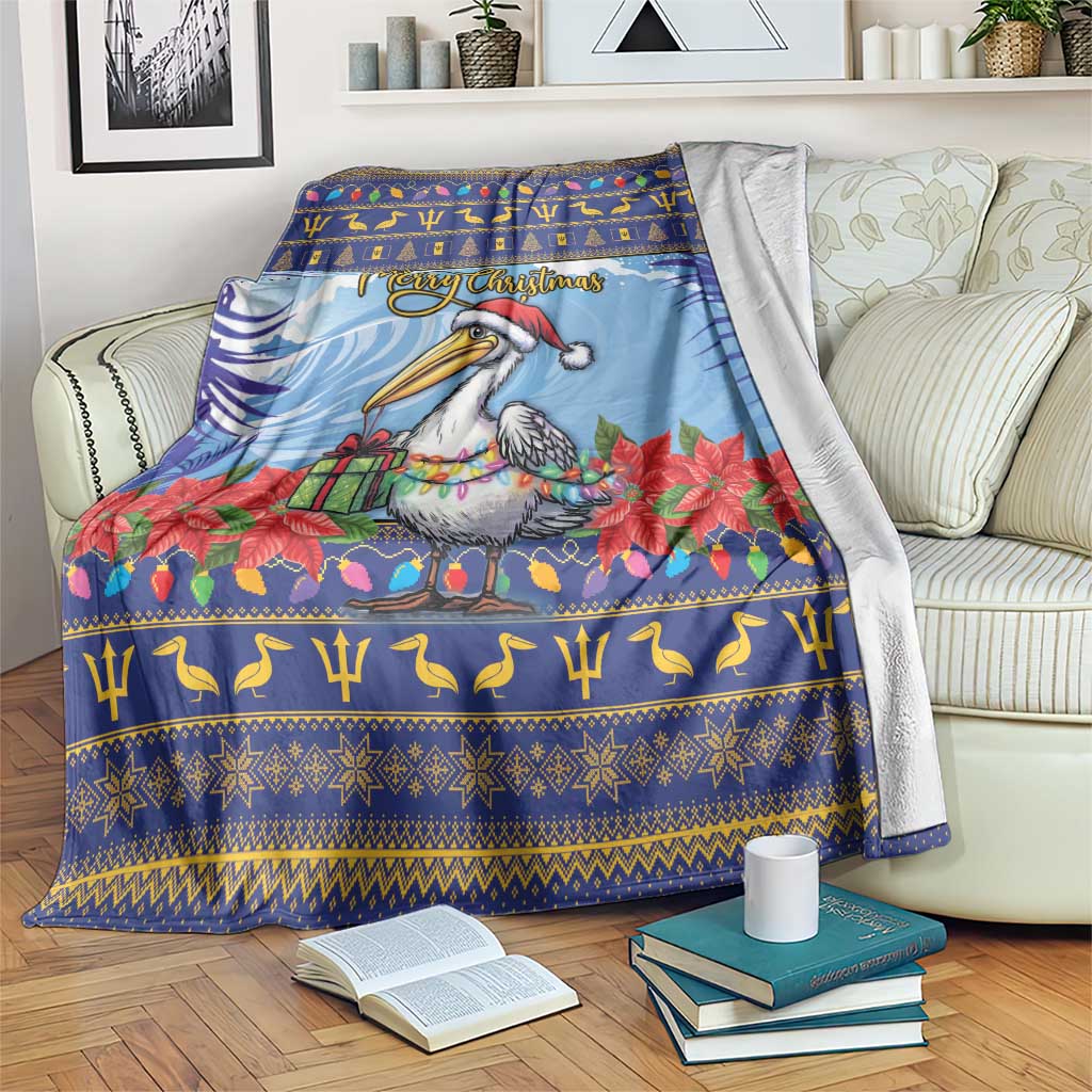 Dark blue Christmas blanket spread on a couch with pelican, poinsettias, and gold border