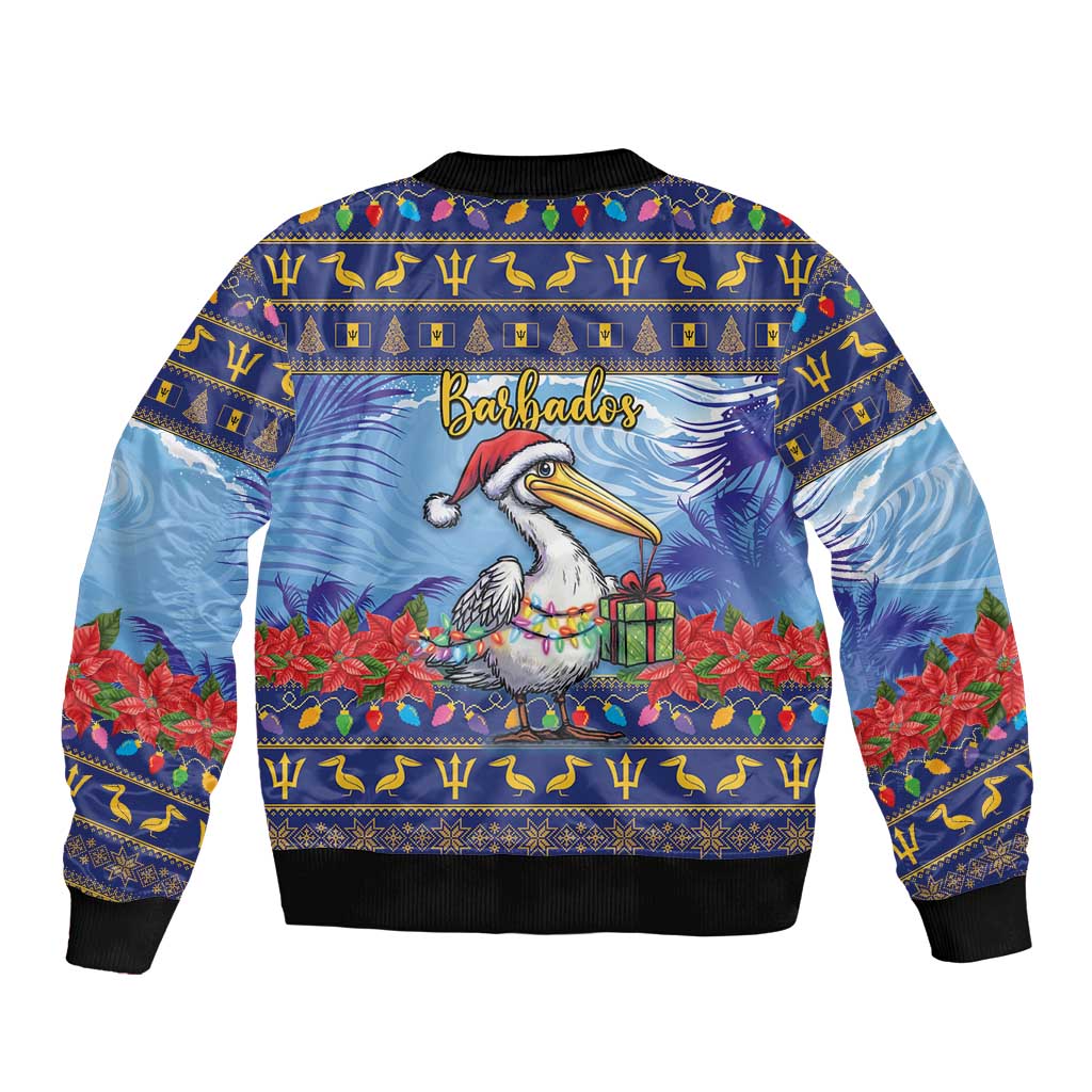 Unisex Christmas bomber jacket, dark blue ribbed cuffs, pelican and poinsettia graphic