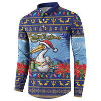 Dark blue Christmas button sweatshirt with pelican graphic and festive border print