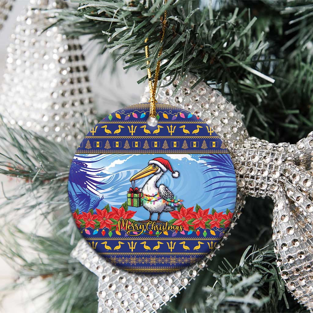 Ceramic Christmas ornament, round blue pelican with poinsettias; “Merry Christmas” text