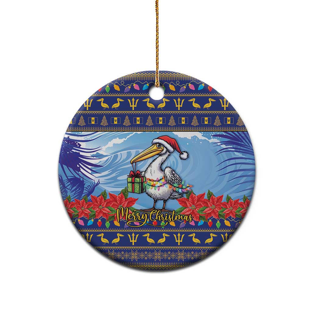 Ceramic Christmas ornament, round blue pelican and poinsettias; hanging loop at top