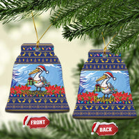 Ceramic Christmas ornament set, round blue pelican with poinsettias; front and “Back” tags