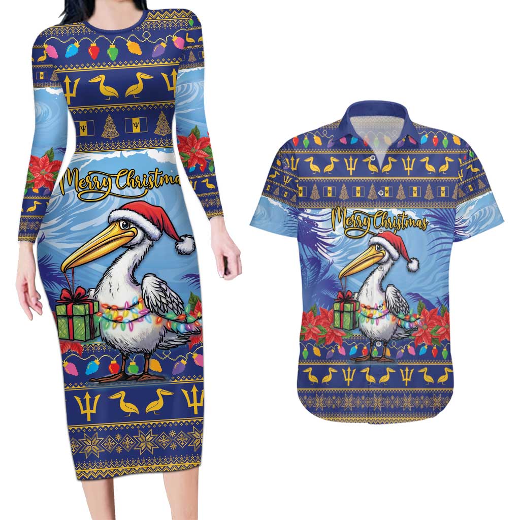 Barbados Christmas Couples Matching Long Sleeve Bodycon Dress and Hawaiian Shirt Pelican With Poinsettia - Wonder Print Shop