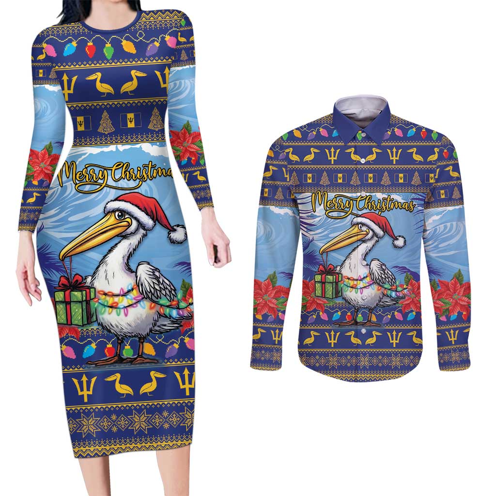 Barbados Christmas Couples Matching Long Sleeve Bodycon Dress and Long Sleeve Button Shirt Pelican With Poinsettia - Wonder Print Shop