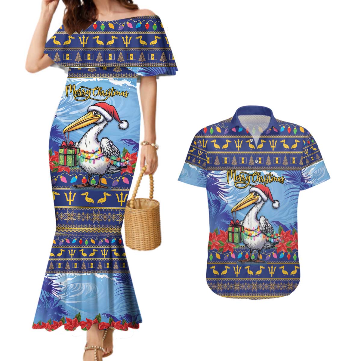 Barbados Christmas Couples Matching Mermaid Dress and Hawaiian Shirt Pelican With Poinsettia - Wonder Print Shop