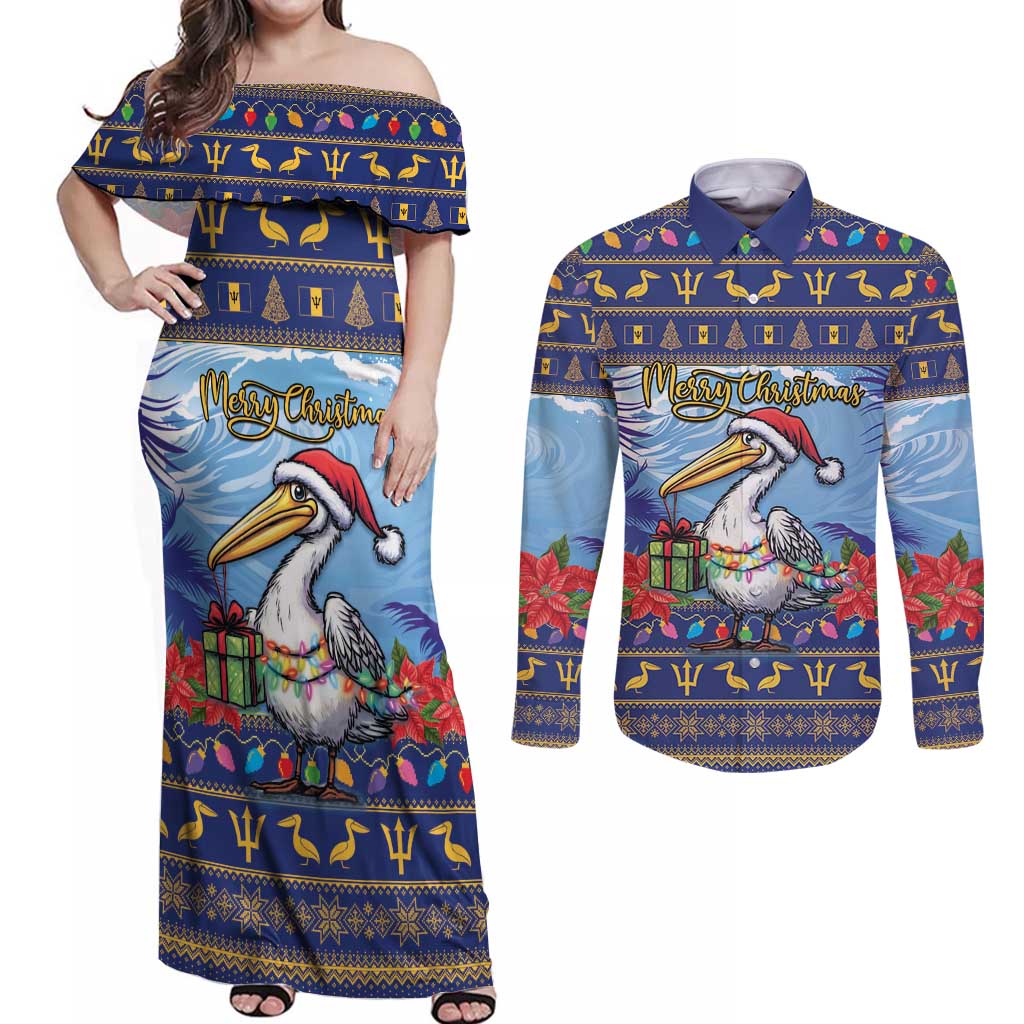 Barbados Christmas Couples Matching Off Shoulder Maxi Dress and Long Sleeve Button Shirt Pelican With Poinsettia - Wonder Print Shop