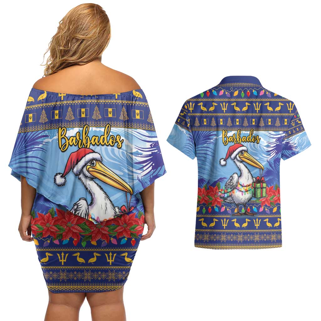 Barbados Christmas Couples Matching Off Shoulder Short Dress and Hawaiian Shirt Pelican With Poinsettia - Wonder Print Shop