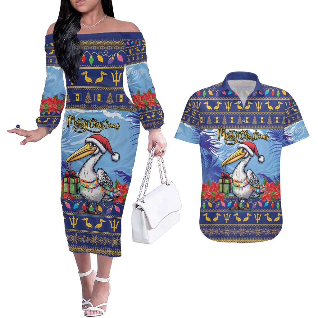 Barbados Christmas Couples Matching Off The Shoulder Long Sleeve Dress and Hawaiian Shirt Pelican With Poinsettia - Wonder Print Shop