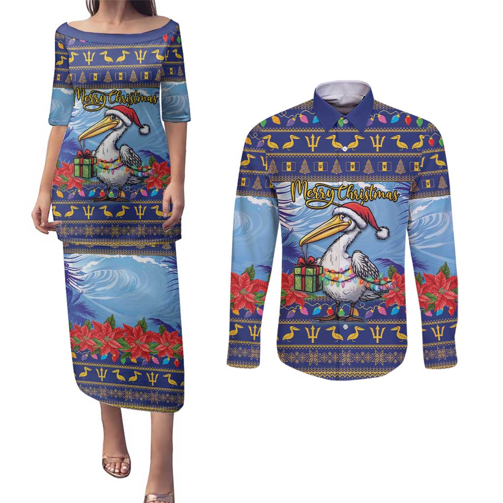 Barbados Christmas Couples Matching Puletasi and Long Sleeve Button Shirt Pelican With Poinsettia - Wonder Print Shop