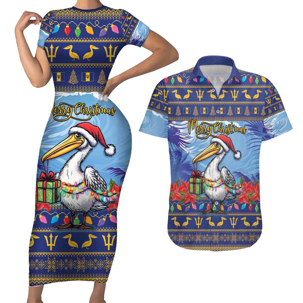 Barbados Christmas Couples Matching Short Sleeve Bodycon Dress and Hawaiian Shirt Pelican With Poinsettia - Wonder Print Shop