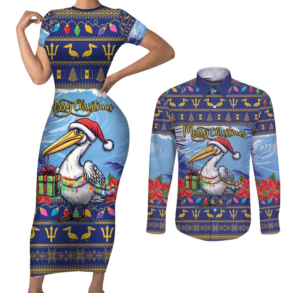 Barbados Christmas Couples Matching Short Sleeve Bodycon Dress and Long Sleeve Button Shirt Pelican With Poinsettia - Wonder Print Shop