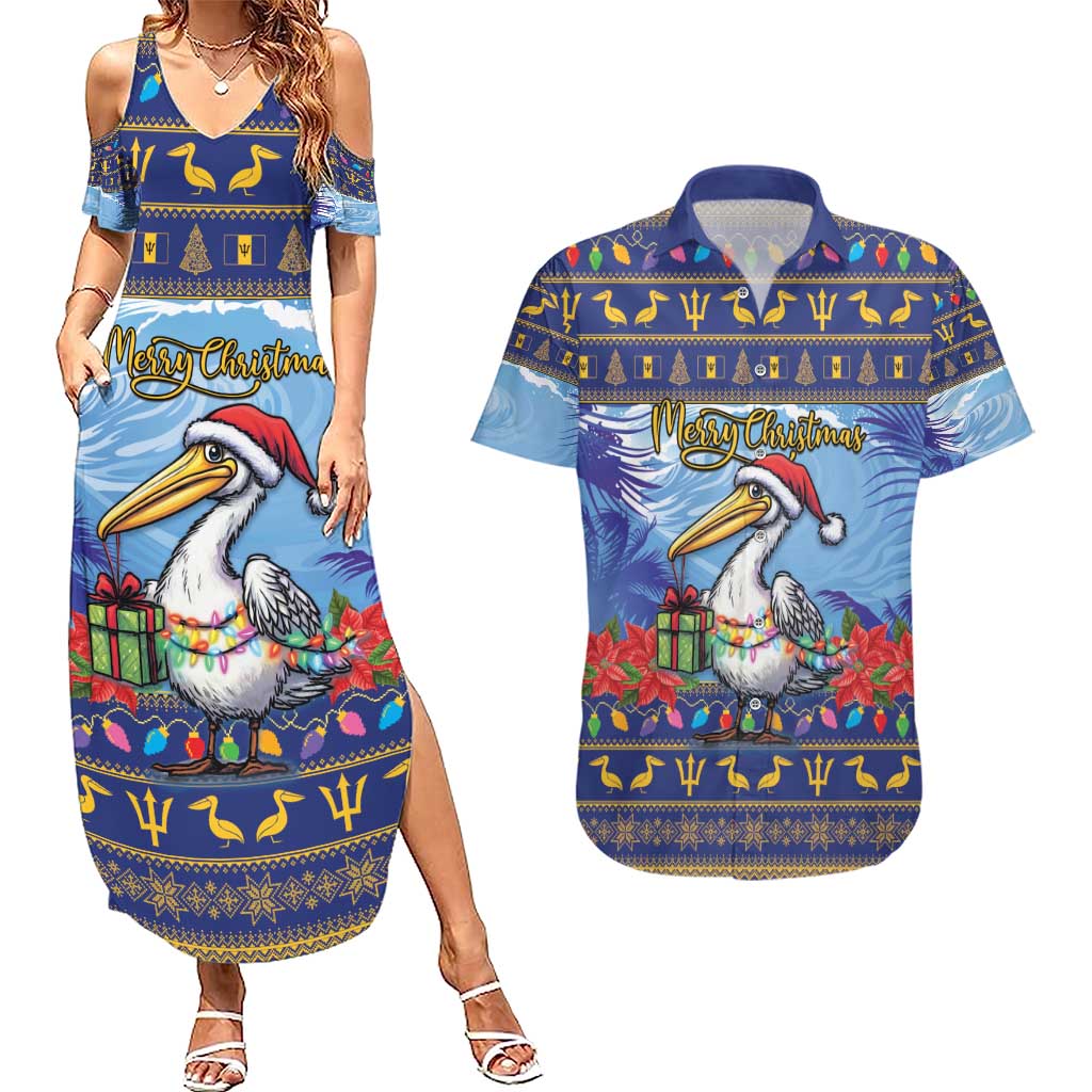 Barbados Christmas Couples Matching Summer Maxi Dress and Hawaiian Shirt Pelican With Poinsettia - Wonder Print Shop