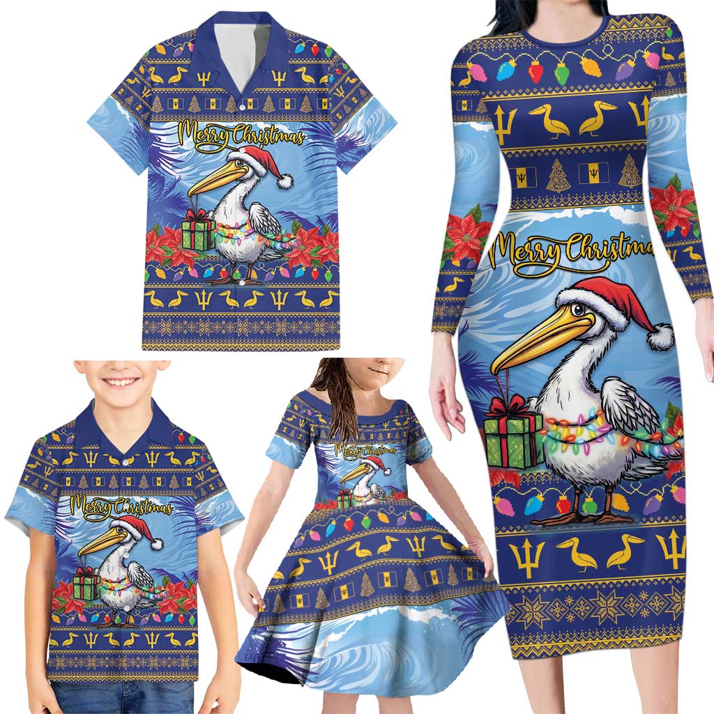 Barbados Christmas Family Matching Long Sleeve Bodycon Dress and Hawaiian Shirt Pelican With Poinsettia - Wonder Print Shop