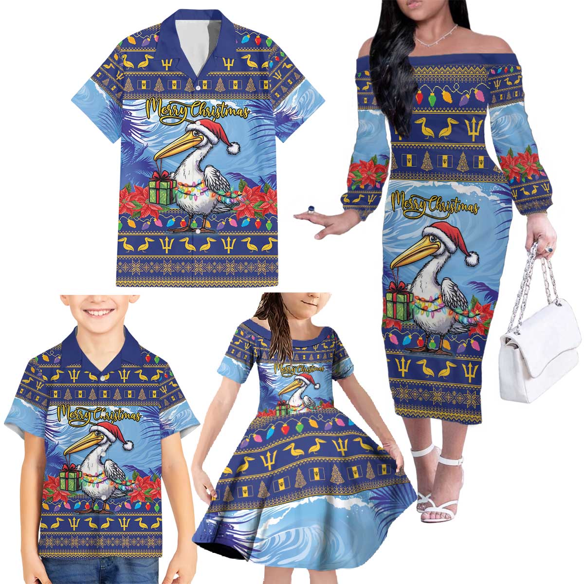 Barbados Christmas Family Matching Off The Shoulder Long Sleeve Dress and Hawaiian Shirt Pelican With Poinsettia - Wonder Print Shop