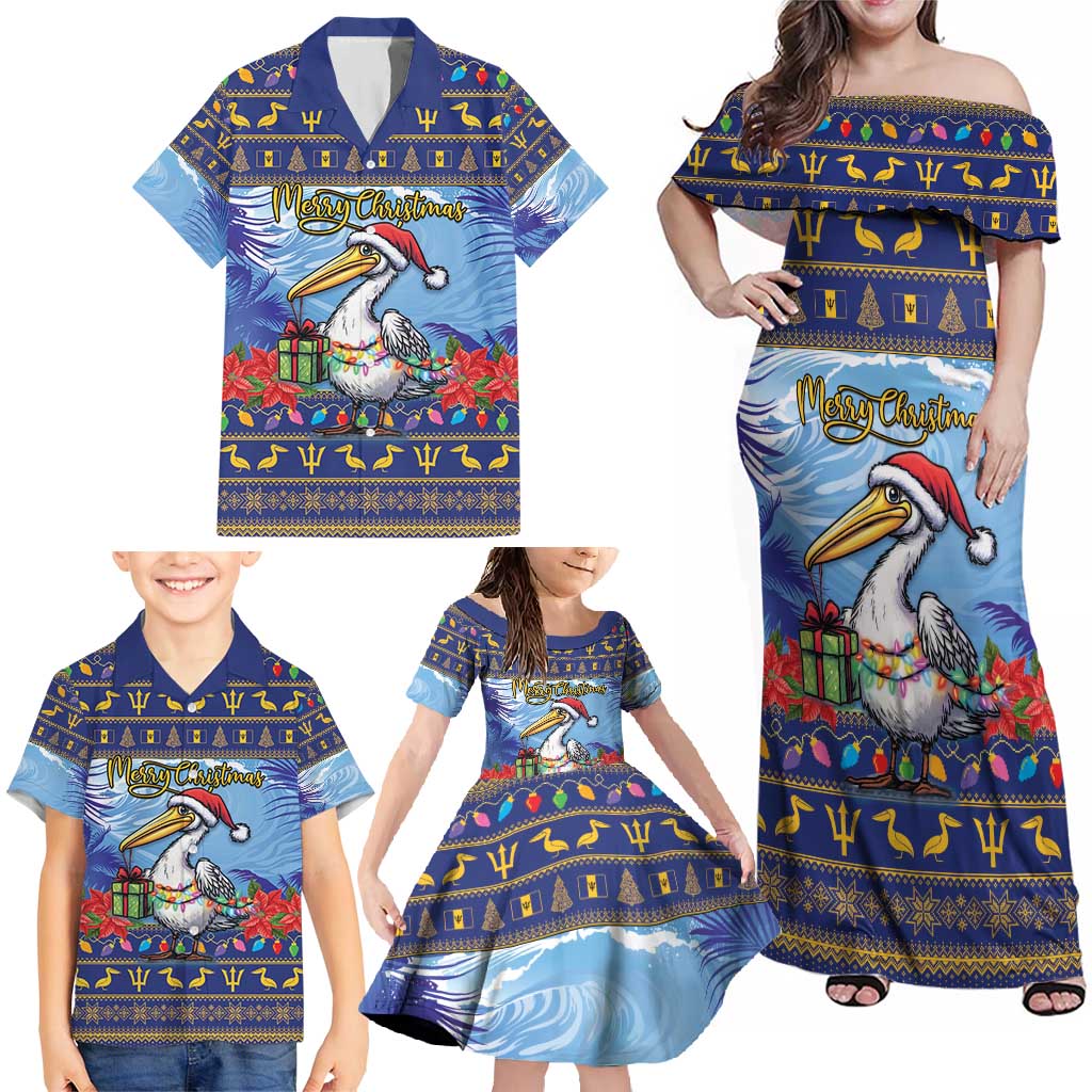 Barbados Christmas Family Matching Off Shoulder Maxi Dress and Hawaiian Shirt Pelican With Poinsettia - Wonder Print Shop