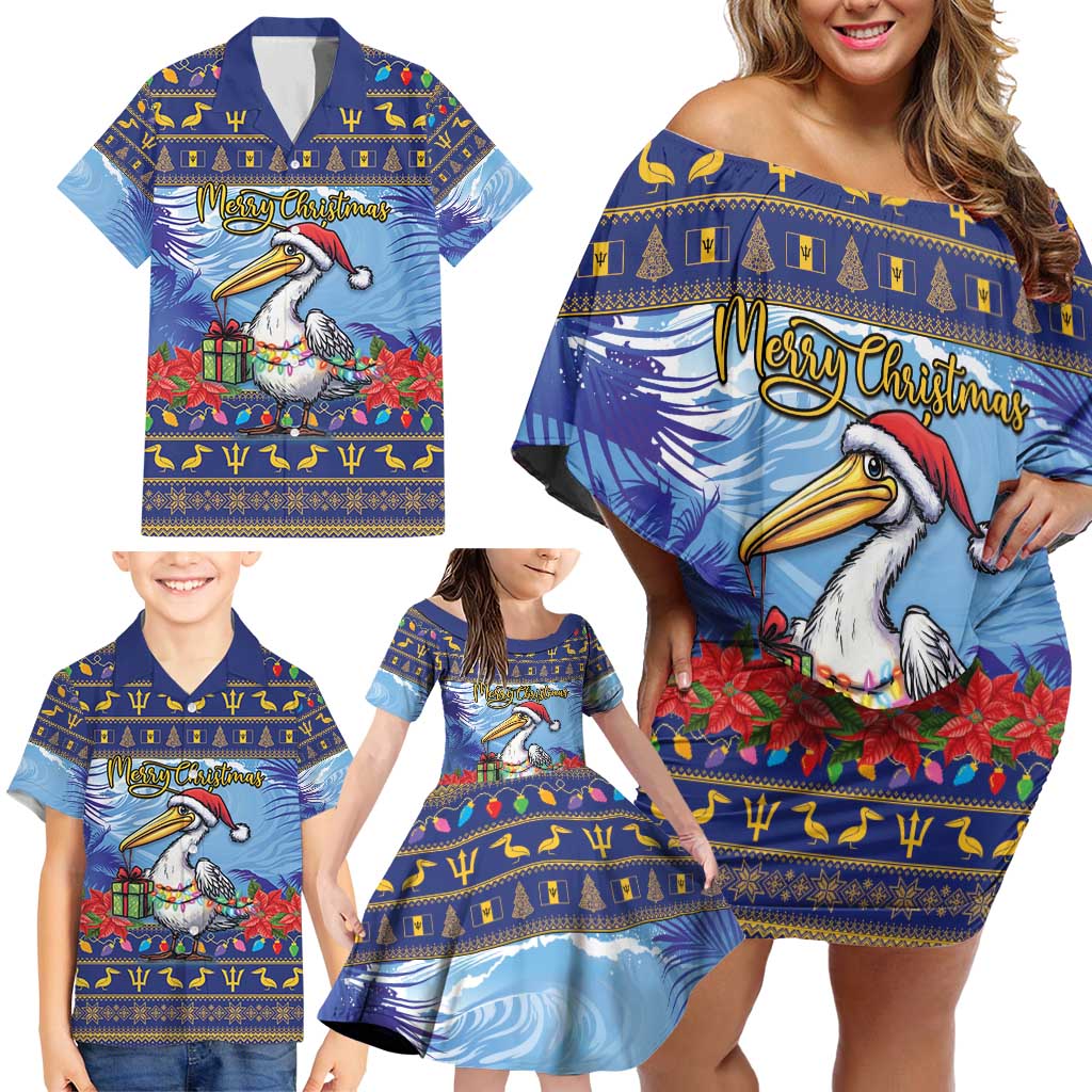 Barbados Christmas Family Matching Off Shoulder Short Dress and Hawaiian Shirt Pelican With Poinsettia - Wonder Print Shop