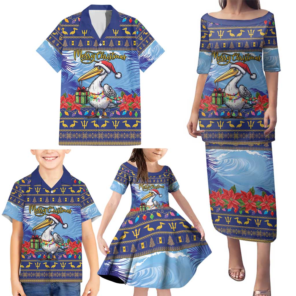 Barbados Christmas Family Matching Puletasi and Hawaiian Shirt Pelican With Poinsettia - Wonder Print Shop