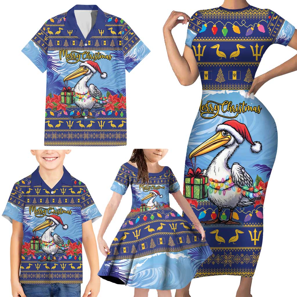 Barbados Christmas Family Matching Short Sleeve Bodycon Dress and Hawaiian Shirt Pelican With Poinsettia - Wonder Print Shop