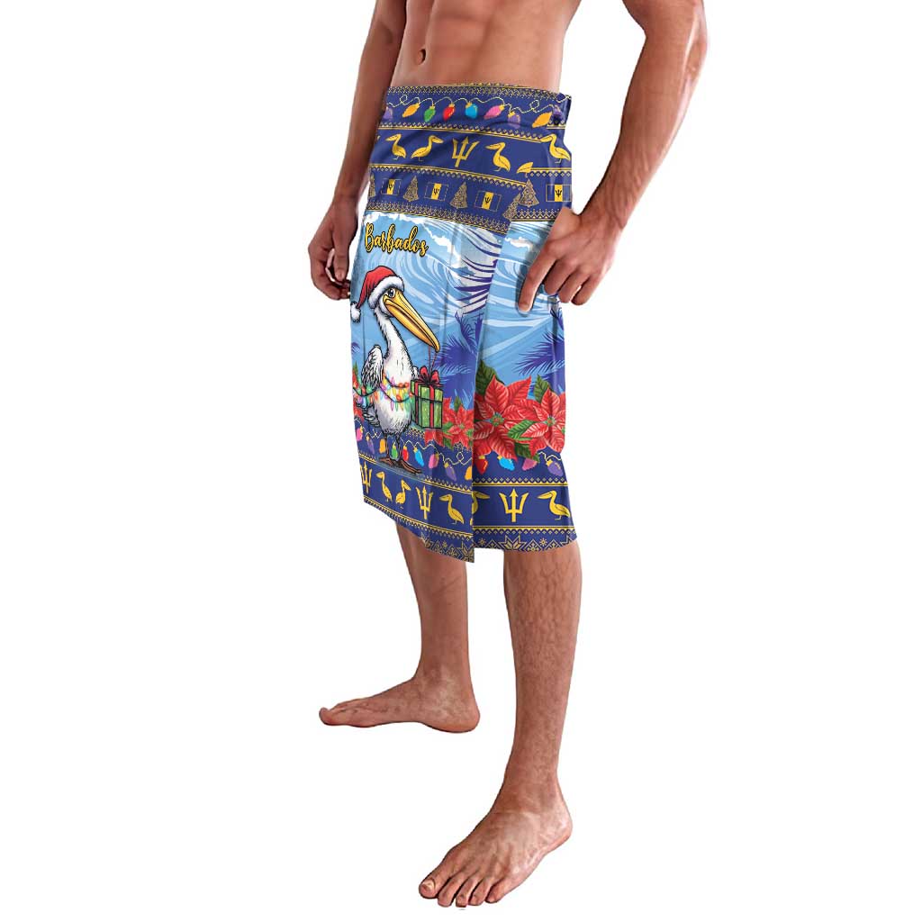 Men's Christmas print shorts with pelican and waves, poinsettias accents, dark blue border