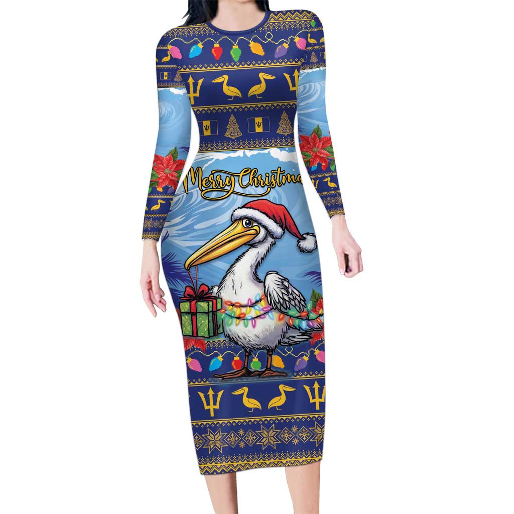 Barbados Christmas Long Sleeve Bodycon Dress Pelican With Poinsettia - Wonder Print Shop