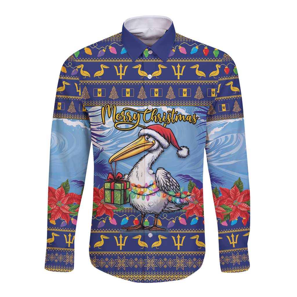 Barbados Christmas Long Sleeve Button Shirt Pelican With Poinsettia - Wonder Print Shop