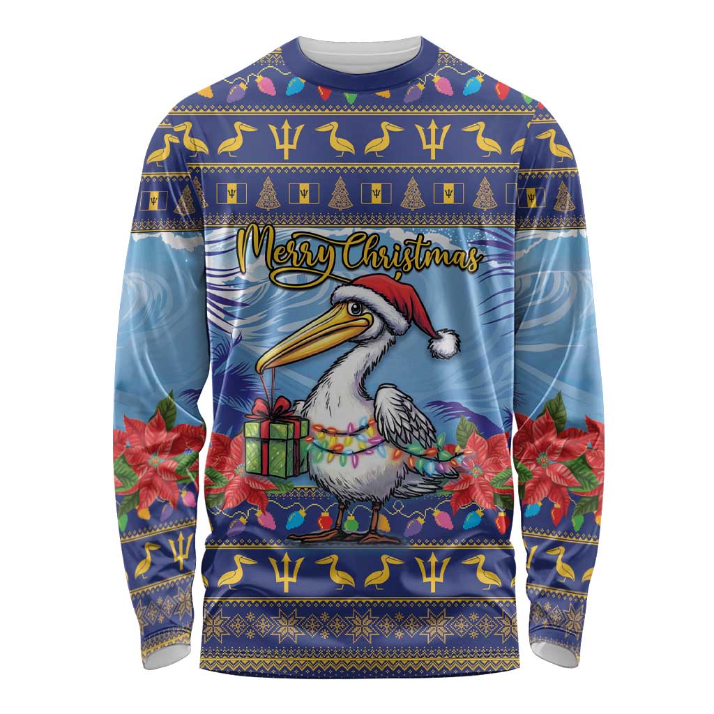 Barbados Christmas Long Sleeve Shirt Pelican With Poinsettia - Wonder Print Shop