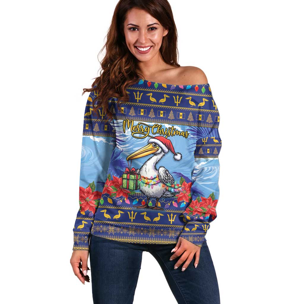 Barbados Christmas Off Shoulder Sweater Pelican With Poinsettia - Wonder Print Shop