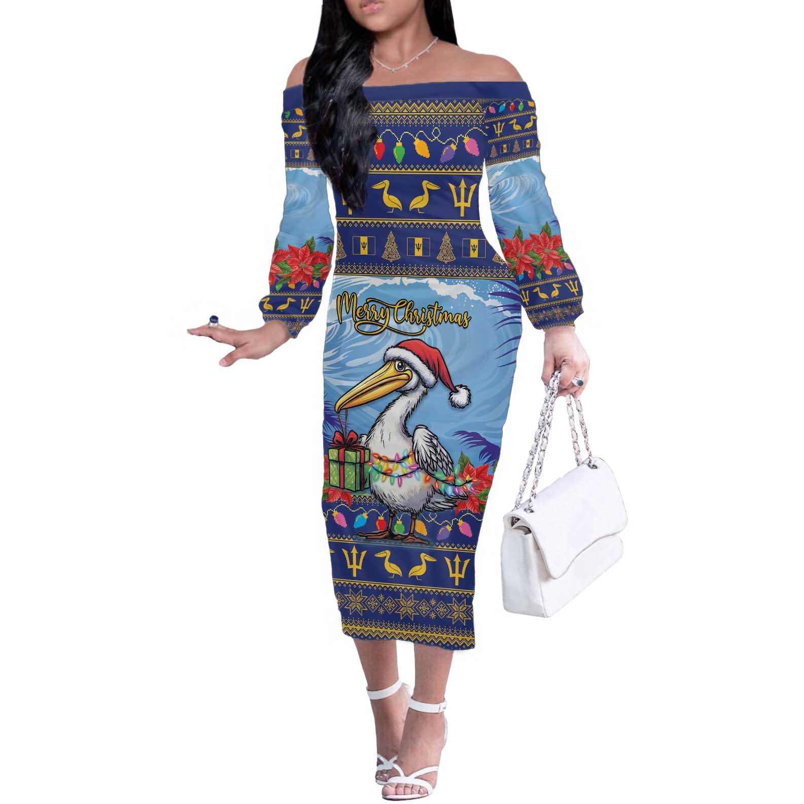 Barbados Christmas Off The Shoulder Long Sleeve Dress Pelican With Poinsettia - Wonder Print Shop