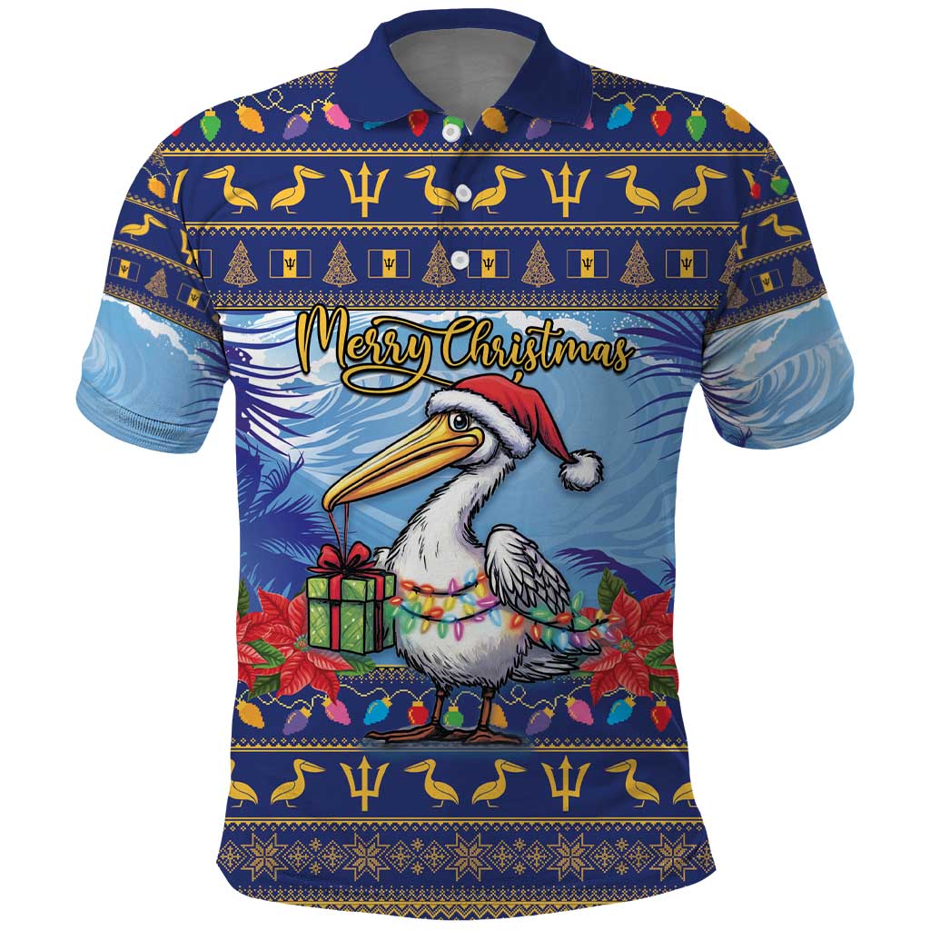 Barbados Christmas Polo Shirt Pelican With Poinsettia