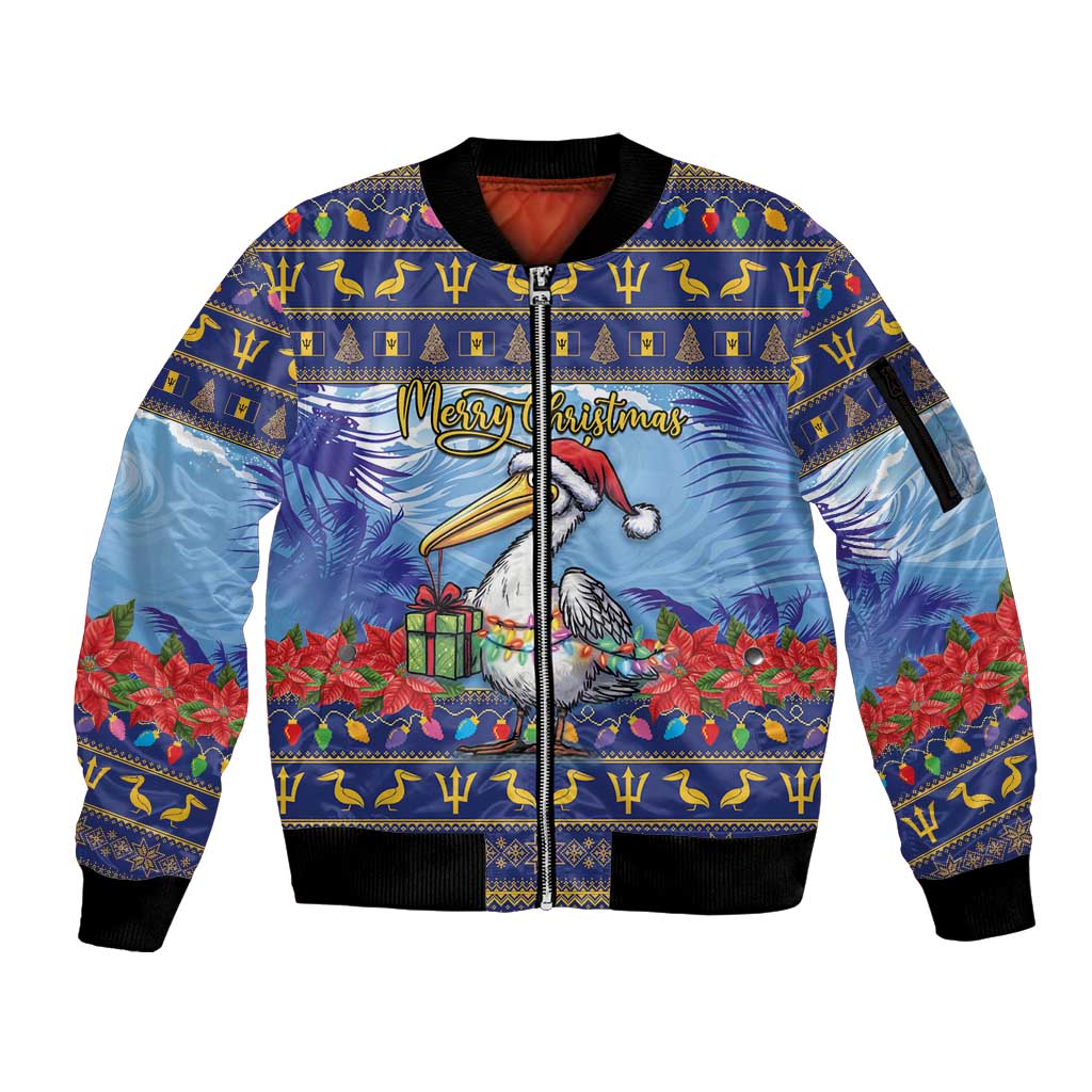 Barbados Christmas Sleeve Zip Bomber Jacket Pelican With Poinsettia - Wonder Print Shop