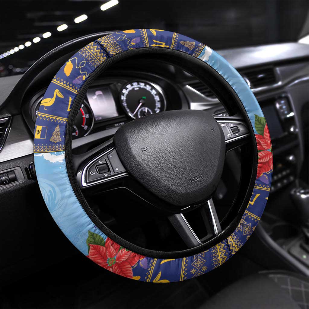 Barbados Christmas Steering Wheel Cover Pelican With Poinsettia - Wonder Print Shop