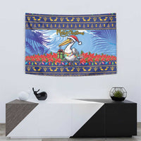 Dark blue Christmas tapestry with pelican and poinsettias, 'Merry Christmas' title