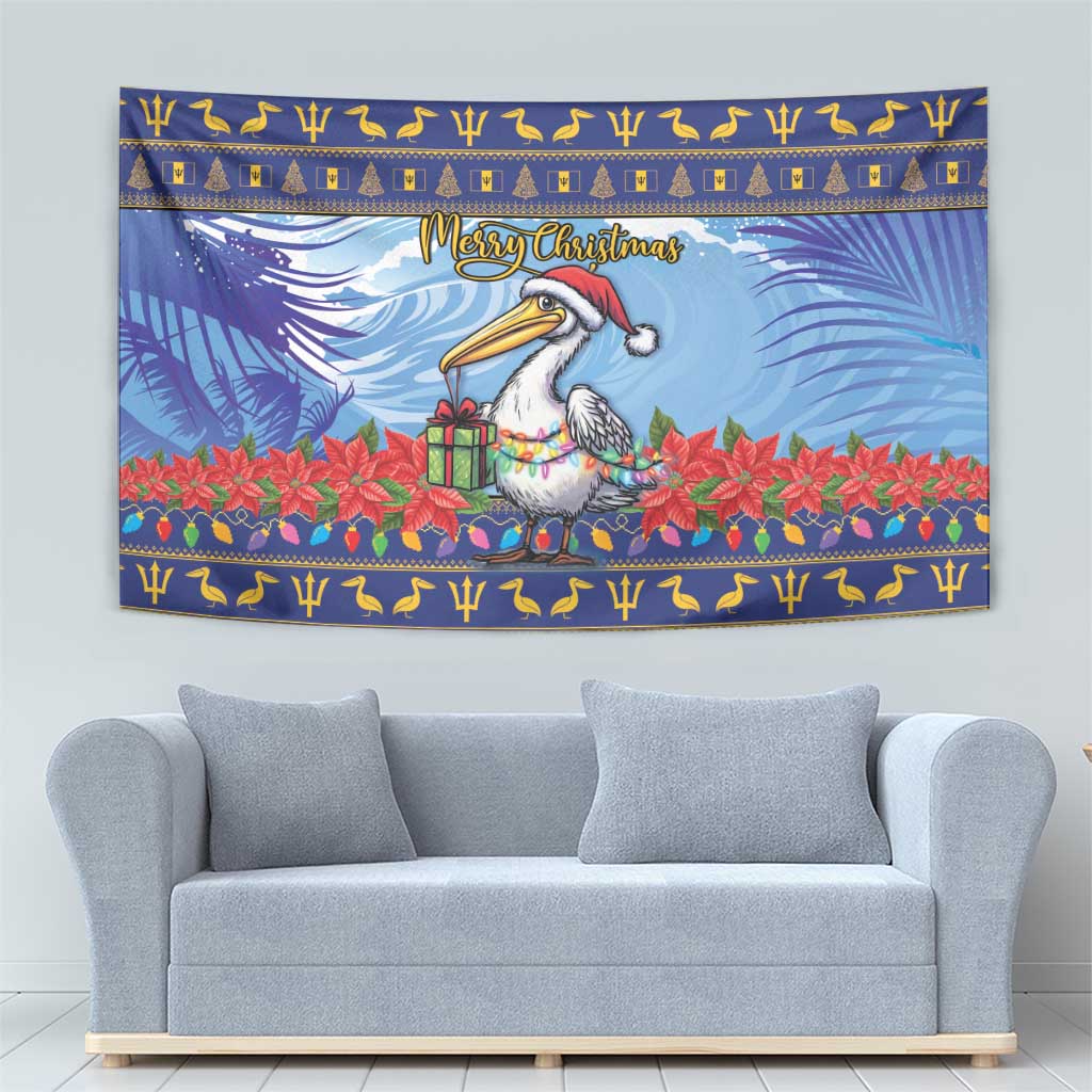 Dark blue hanging Christmas tapestry featuring pelican with poinsettia flowers