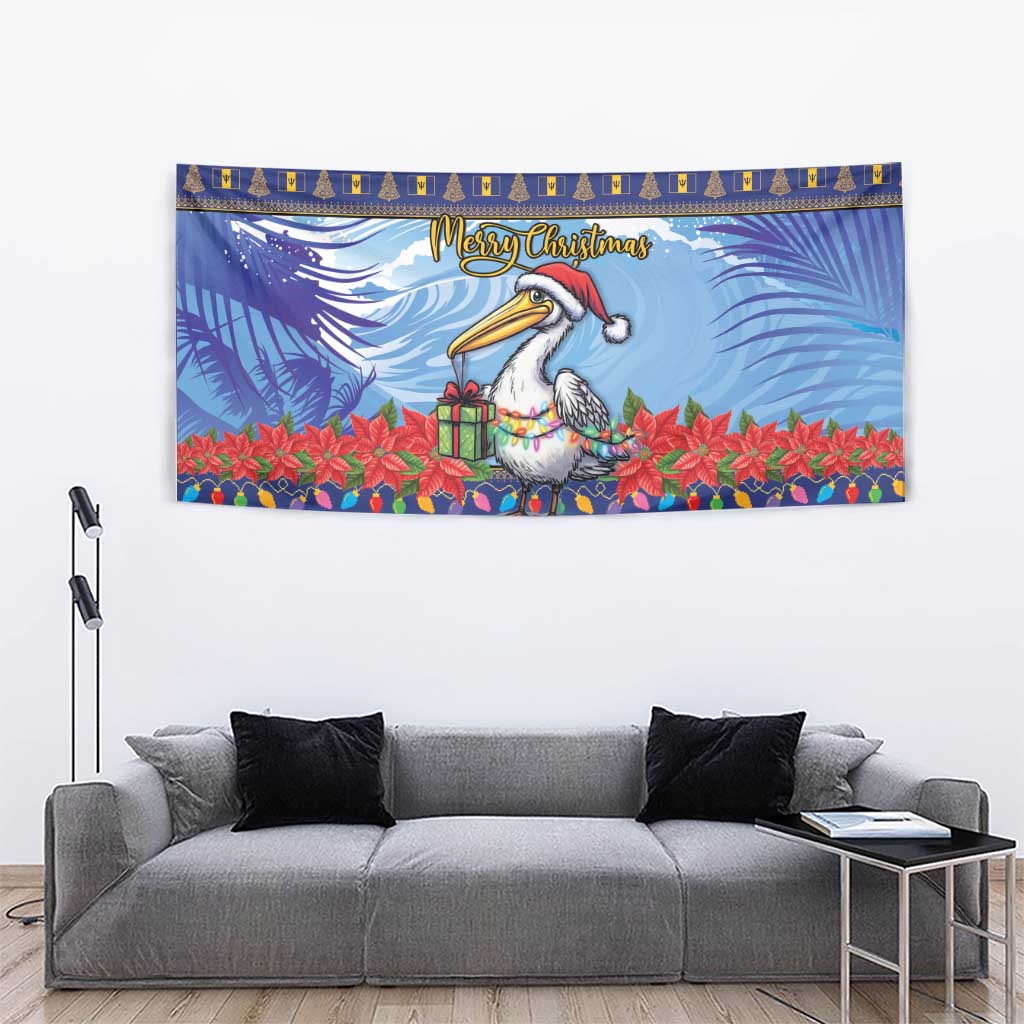 Dark blue Christmas tapestry with pelican holding a gift and poinsettias