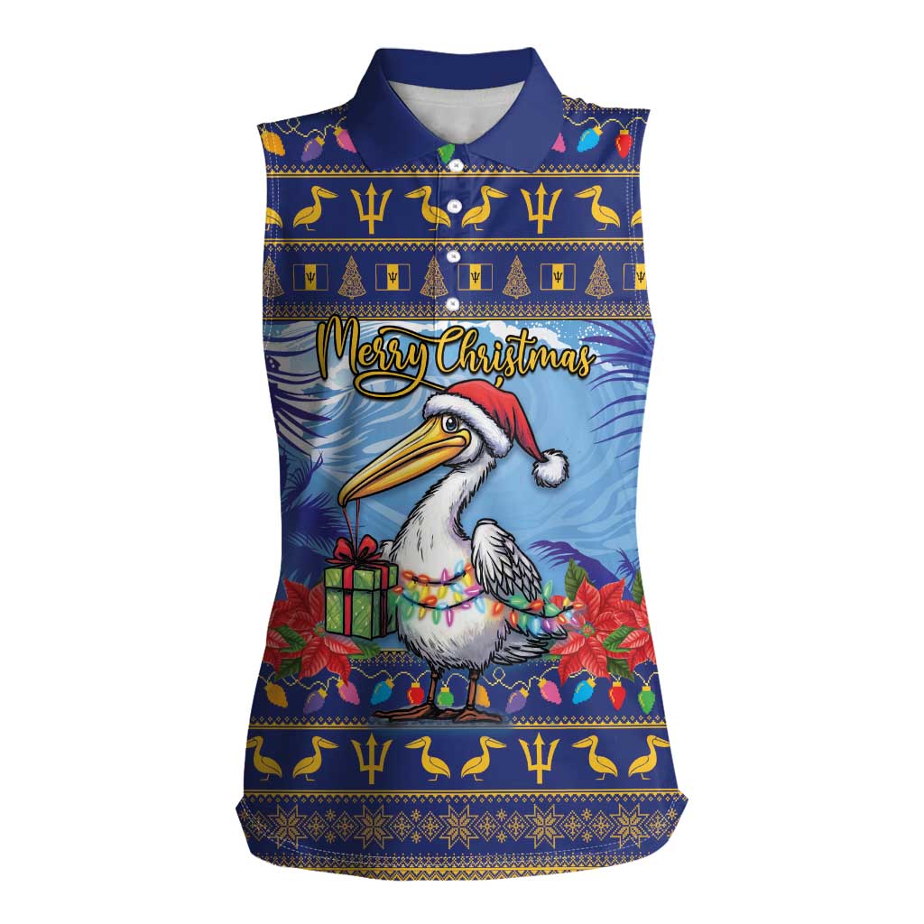 Barbados Christmas Women Sleeveless Polo Shirt Pelican With Poinsettia - Wonder Print Shop