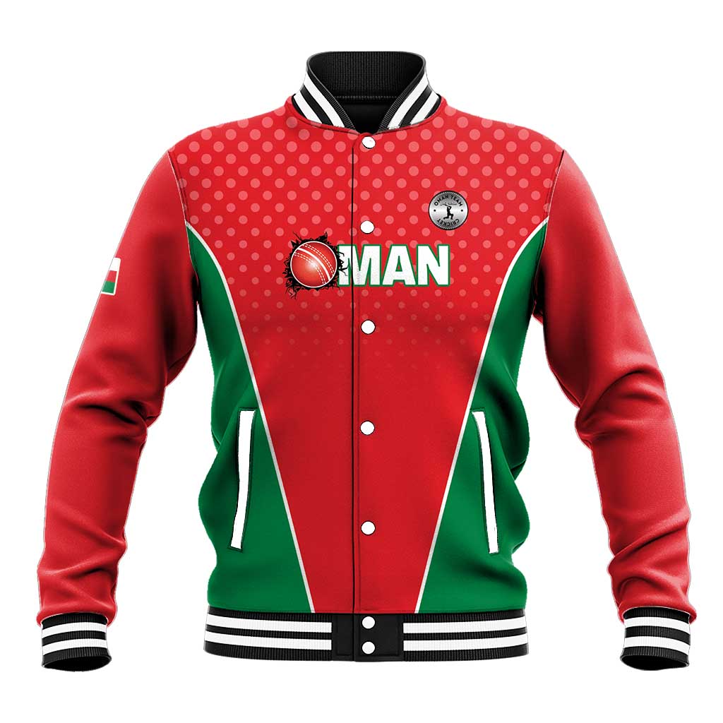 Unisex red and green baseball jacket with striped collar, snap front, and Oman crest
