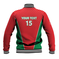 Unisex red and green baseball jacket back with 'YOUR TEXT' and '15', striped trim