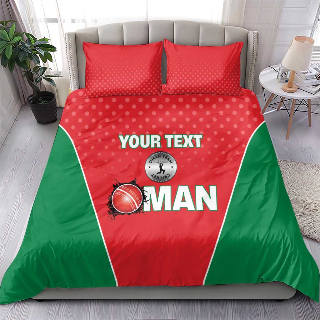 Red and green cricket-themed bedding set with two pillows on a bed.