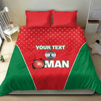 Red and green bedding set with two pillowcases and printed cricket logo on duvet.
