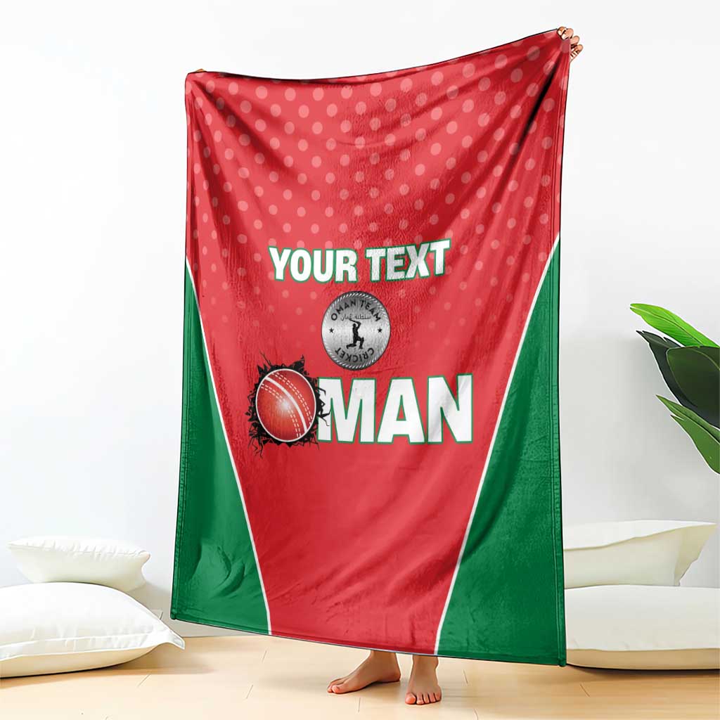 Red and green sports blanket draped, white dotted pattern, "YOUR TEXT" and cricket ball print