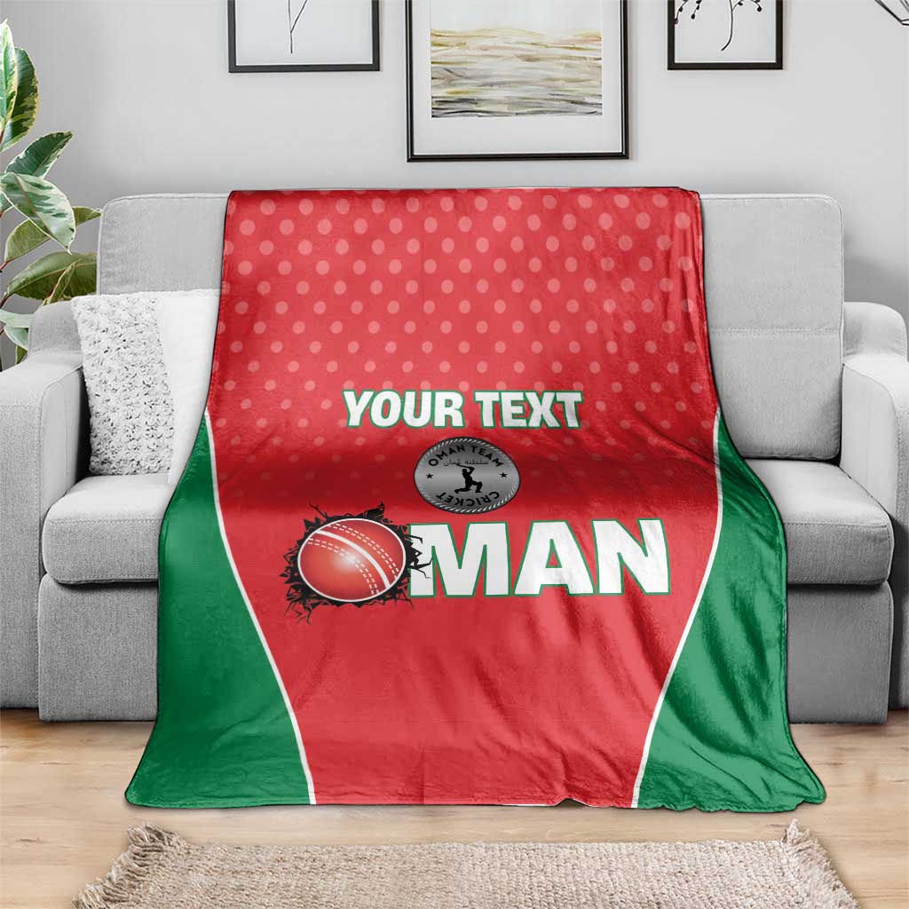 Red sports blanket with green edging, white dots, "YOUR TEXT" and cricket ball graphic