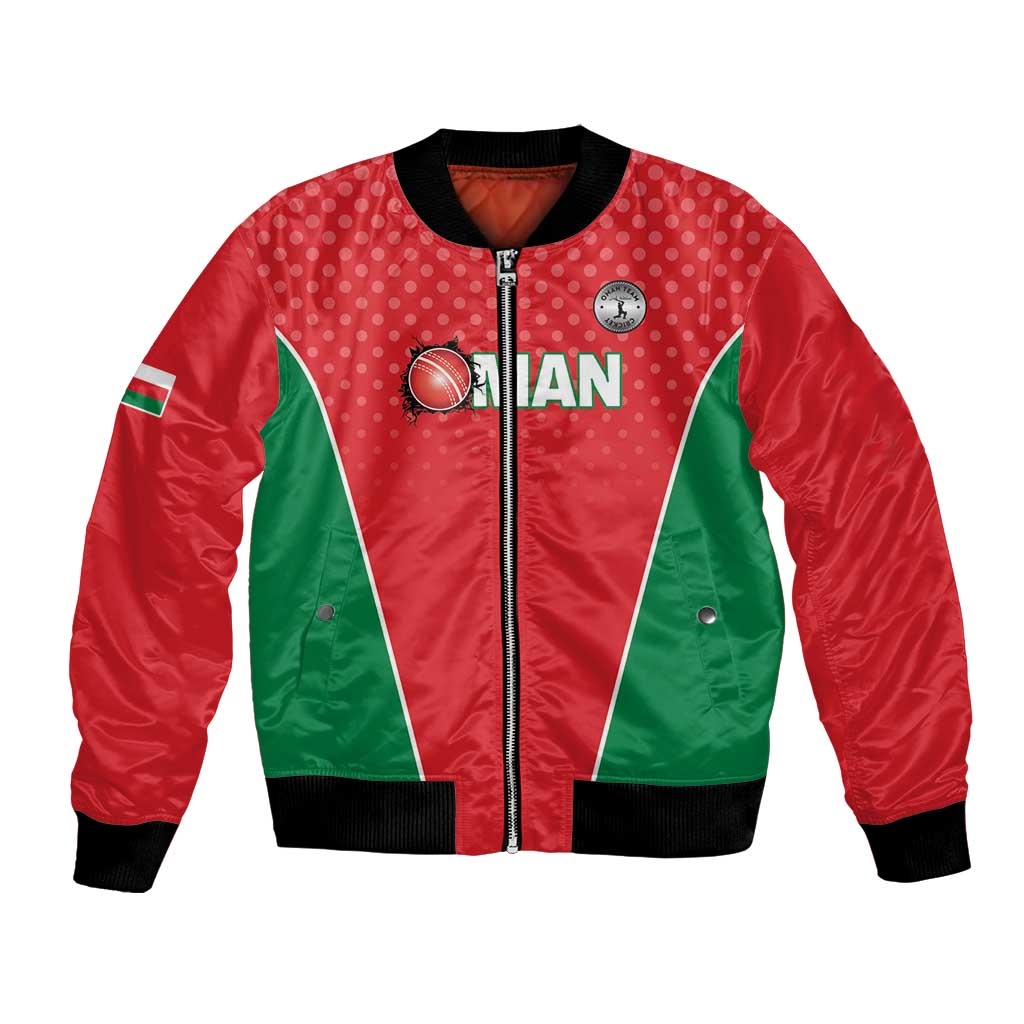 Red and green panel bomber jacket with front zip, black ribbed cuffs, flag sleeve patch
