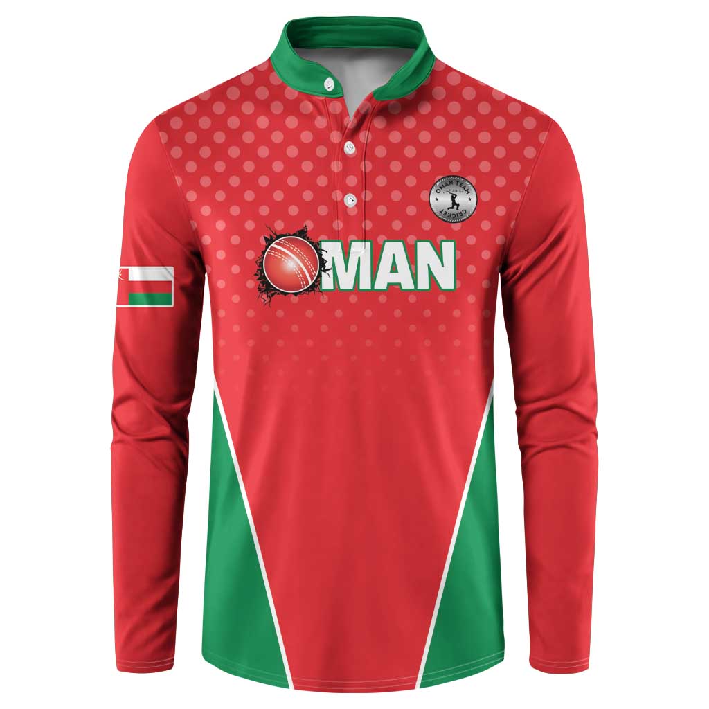Red cricket button sweatshirt with green collar, Oman logo front and patterned dots