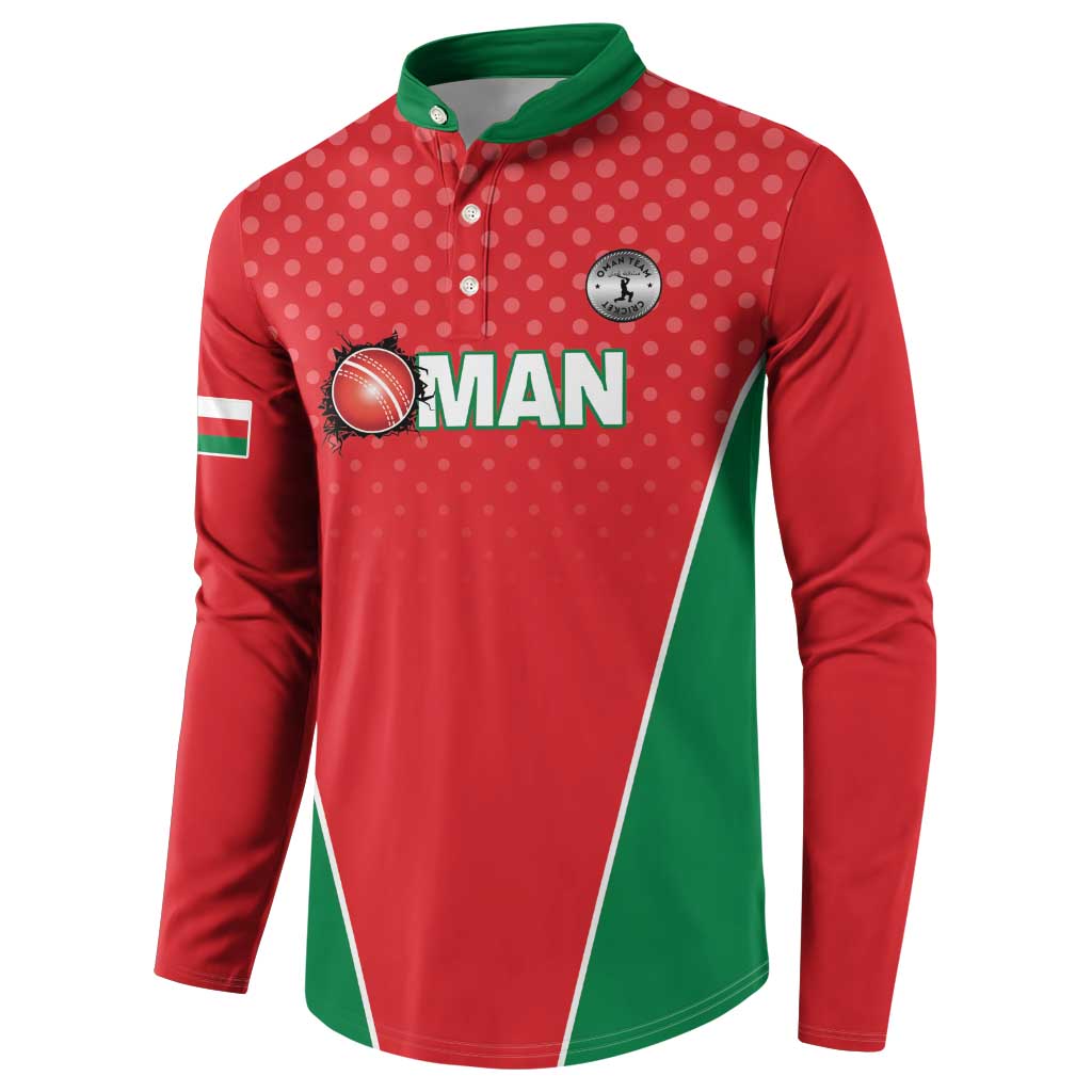 Red cricket button sweatshirt with green collar, Oman logo and green-white front panel