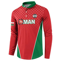 Red cricket button sweatshirt with green collar, Oman logo and green-white front panel