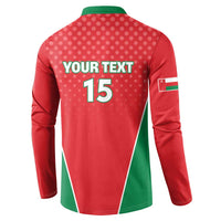 Red cricket button sweatshirt back with YOUR TEXT and large 15, green side stripes