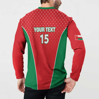 Red cricket button sweatshirt back with YOUR TEXT 15 and sleeve flag patch