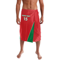 Red lavalava with white dots, green diagonal panel, printed 'YOUR TEXT' and '15'