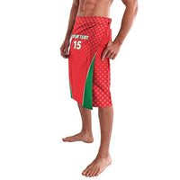 Red lavalava with green diagonal stripe, white dots, printed 'YOUR TEXT' and '15' (side view)